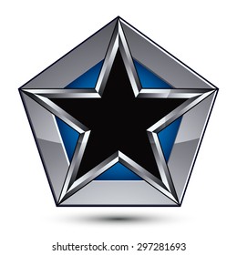 Silvery blazon with pentagonal black star, can be used in web and graphic design, clear EPS 8 vector. Heraldic silver symbol, 3d coat of arms. 