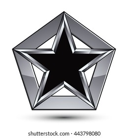 Silvery blazon with pentagonal black star, can be used in web and graphic design, clear EPS 8 vector. Heraldic silver symbol, 3d coat of arms. 