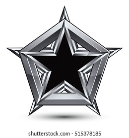 Silvery blazon with pentagonal black star, can be used in web and graphic design, clear EPS 8 vector. Heraldic silver symbol, 3d coat of arms. 