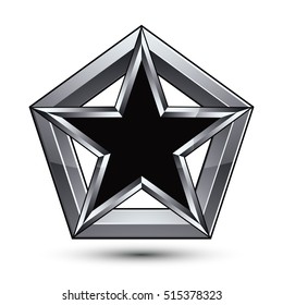 Silvery blazon with pentagonal black star, can be used in web and graphic design, clear EPS 8 vector. Heraldic silver symbol, 3d coat of arms. 