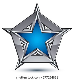 Silvery blazon with pentagonal blue star, can be used in web and graphic design, clear EPS 8 vector. Heraldic silver symbol, 3d coat of arms. 