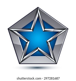 Silvery blazon with pentagonal blue star, can be used in web and graphic design, clear EPS 8 vector. Heraldic silver symbol, 3d coat of arms. 