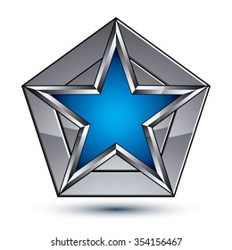 Silvery blazon with pentagonal blue star, can be used in web and graphic design, clear EPS8 vector. Heraldic silver symbol, 3d coat of arms. 