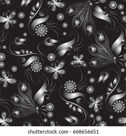 Silvery butterflies and flowers on a black background. Abstract flowers and butterflies. Seamless pattern on a black background. Composition for printing on fabric or paper, gift wrapping.
