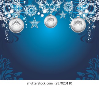 Silvery Christmas toys on dark blue decorative background. Vector