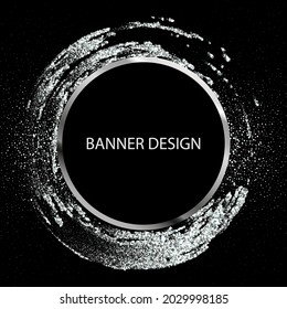 Silvery circle of small dust particles on black background, frame design