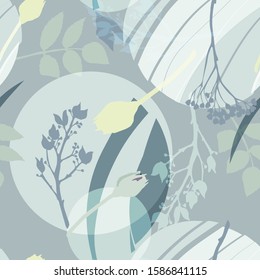 Silvery circles, green, golden, gray flowers and leaves. Abstract floral pattern in gray-green colors. Seamless vector pattern. 