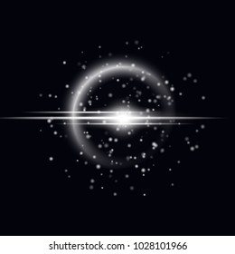Silvery glare from the lens with rays and bright particles on a black background