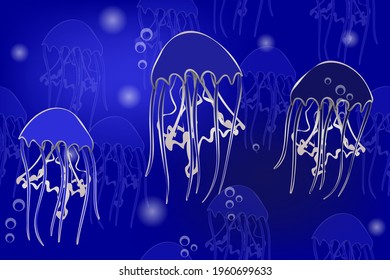 silvery jellyfish on dark blue background, seamless vector pattern