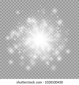 Silvery light effect with shining rays and bright particles of stellar dust on a transparent background