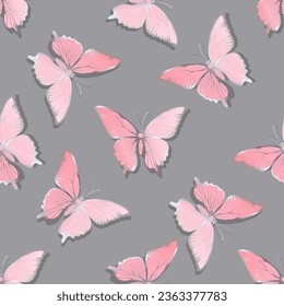 Silvery pink butterflies on a gray background. Seamless pattern of moths. Vector illustration.