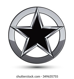 Silvery rounded geometric symbol, stylized pentagonal black star placed in silver ring, best for use in web and graphic design. Polished vector icon isolated on white background.