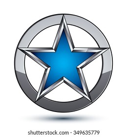 Silvery rounded geometric symbol, stylized pentagonal blue star placed in silver ring, best for use in web and graphic design. Polished vector icon isolated on white background, eps8.