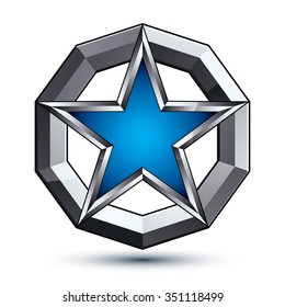 Silvery rounded geometric symbol, stylized pentagonal blue star placed in silver ring, best for use in web and graphic design. Polished vector icon isolated on white background, eps8.
