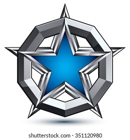 Silvery rounded geometric symbol, stylized pentagonal blue star placed in silver ring, best for use in web and graphic design. Polished vector icon isolated on white background, eps8.