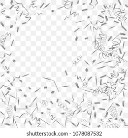 Silvery shine of confetti. Abstract background with falling silver tiny confetti. Luxury festive background for your design, cards, invitations, gift, vip. Vector.