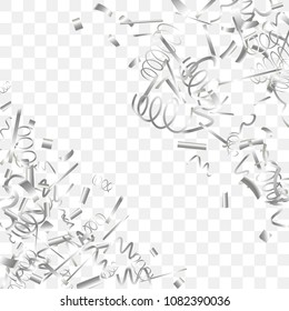 Silvery shine of confetti. Abstract background with falling silver tiny confetti. Luxury festive background for your design, cards, invitations, gift, vip. Vector.