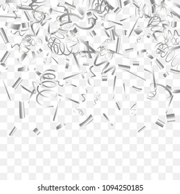 Silvery shine of confetti. Abstract background with falling silver tiny confetti. Luxury festive background for your design, cards, invitations, gift, vip. Vector.