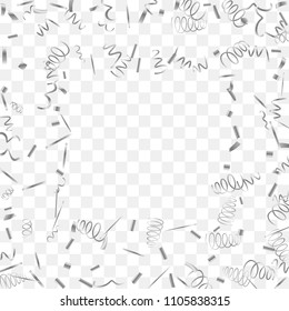 Silvery shine of confetti. Abstract background with falling silver tiny confetti. Luxury festive background for your design, cards, invitations, gift, vip. Vector.