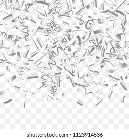 Silvery shine of confetti. Abstract background with falling silver tiny confetti. Luxury festive background for your design, cards, invitations, gift, vip. Vector.