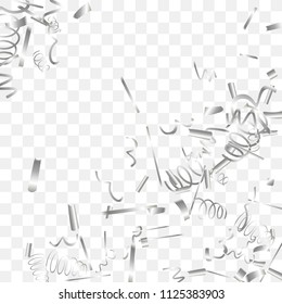 Silvery shine of confetti. Abstract background with falling silver tiny confetti. Luxury festive background for your design, cards, invitations, gift, vip. Vector.