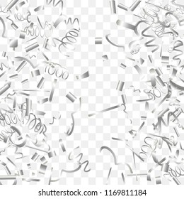 Silvery shine of confetti. Abstract background with falling silver tiny confetti. Luxury festive background for your design, cards, invitations, gift, vip. Vector.