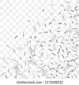 Silvery shine of confetti. Abstract background with falling silver tiny confetti. Luxury festive background for your design, cards, invitations, gift, vip. Vector.