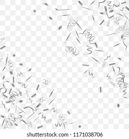 Silvery shine of confetti. Abstract background with falling silver tiny confetti. Luxury festive background for your design, cards, invitations, gift, vip. Vector.