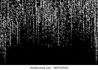 Silvery small falling confetti on a black background. Luxury festive New Year background. Silver shiny abstract texture. Element of design. Vector illustration, EPS 10.