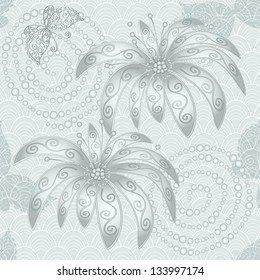Silvery vintage seamless pattern with flowers, butterflies and concentric circles (vector EPS10)