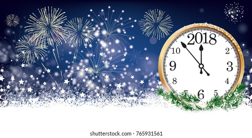 Silvester card header with clock 2018, snow, fireworks and stars on der dark background. Eps 10 vector file.