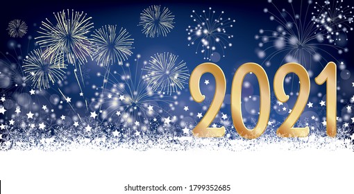 Silvester card header with snow, fireworks and stars on der dark background. Eps 10 vector file.