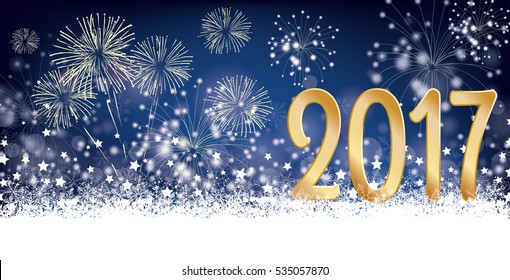 Silvester card header with snow, fireworks and stars on der dark background. Eps 10 vector file.