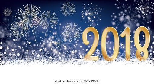 Silvester card header with snow, fireworks and stars on der dark background. Eps 10 vector file.