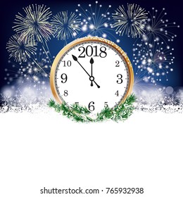 Silvester card with snowflakes, fireworks and clock with date 2018 on the dark background. Eps 10 vector file.
