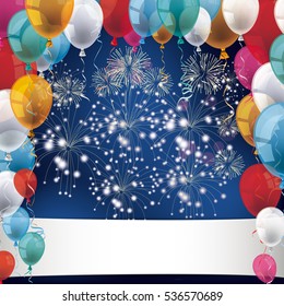 Silvester with colored balloons and fireworks on the blue background. Eps 10 vector file.