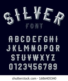 Fuente biselada Silvre. Alfabeto vectorial. Letras plateadas, números en un fondo oscuro. Ajusta tus titulares, afiches, etc.