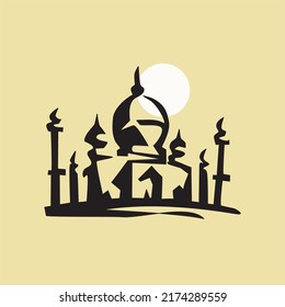 Silwet of the minarets and domes of the mosque under the full moon. Vector illustration of Mosque concept design for logo, icon, poster, emblem, greeting banner design. Editable vector eps 10.