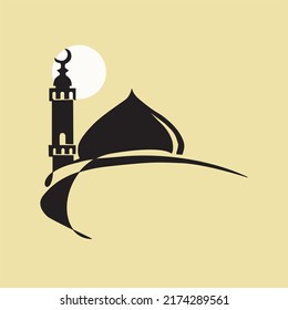 Silwet of the minarets and domes of the mosque under the full moon. Vector illustration of Mosque concept design for logo, icon, poster, emblem, greeting banner design. Editable vector eps 10.