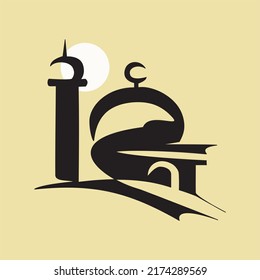 Silwet of the minarets and domes of the mosque under the full moon. Vector illustration of Mosque concept design for logo, icon, poster, emblem, greeting banner design. Editable vector eps 10.