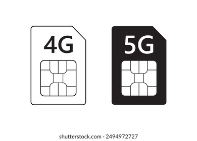 Tarjeta SIM 4g y 5G. Chip móvil del teléfono celular de la red del hotspot móvil, simcard de la conexión celular del gsm 5G, tecnología de Internet del lte. sistema de dos simcards aisladas en el fondo blanco. Ilustración vectorial monocroma