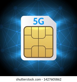 Sim card 5G. Mobile hotspot network cellphone chip, 5G gsm cell connection simcard, lte internet technology, vector illustration