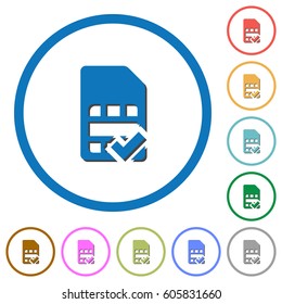 SIM card accepted flat color vector icons with shadows in round outlines on white background