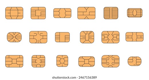Sim card chips. Computer microchips, isolated memory or credit cards details. Contactless payments elements, personal security in atm, decent vector icons