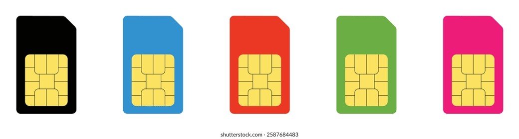 Sim card collection with colorful designs featuring black, blue, red, green, and pink chips for mobile network and telecommunication usage. Sim card icon set. Mobile cellular phone sim card chip.