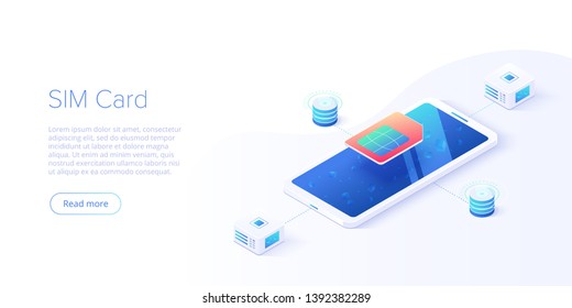 SIM card concept in isometric vector illustration. Mobile network with esim microchip technology. Web banner layout template.