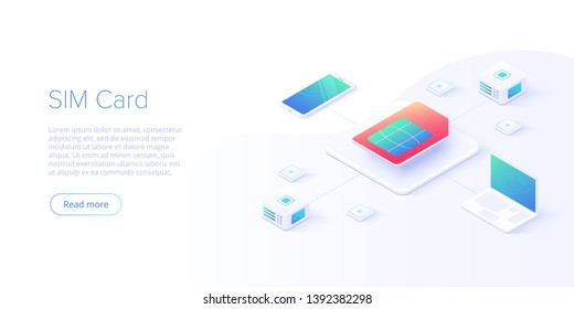 SIM-Kartenkonzept in isometrischer Vektorgrafik. Mobiles Netzwerk mit esim Mikrochip-Technologie. Webbanner-Layoutvorlage.