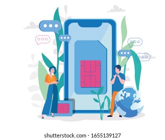 Concepto de tarjeta SIM Red móvil con tecnología de microchip.  Ilustración vectorial para banner web, infografía, móvil. Telecomunicaciones modernas, gente usando internet móvil y teléfono. 