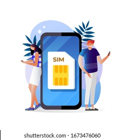 	
SIM card concept in vector illustration. Mobile network with sim microchip technology. Web banner layout template. Modern telecom, people using mobile internet and phone. Web design ui, ux template