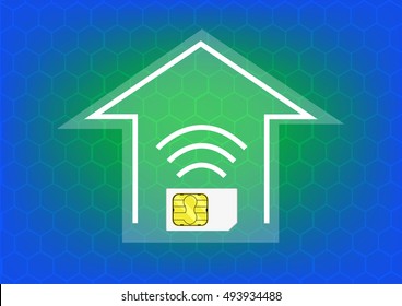 A sim card emits wifi connection within a house symbol. Smart home concept. Editable Clip Art.